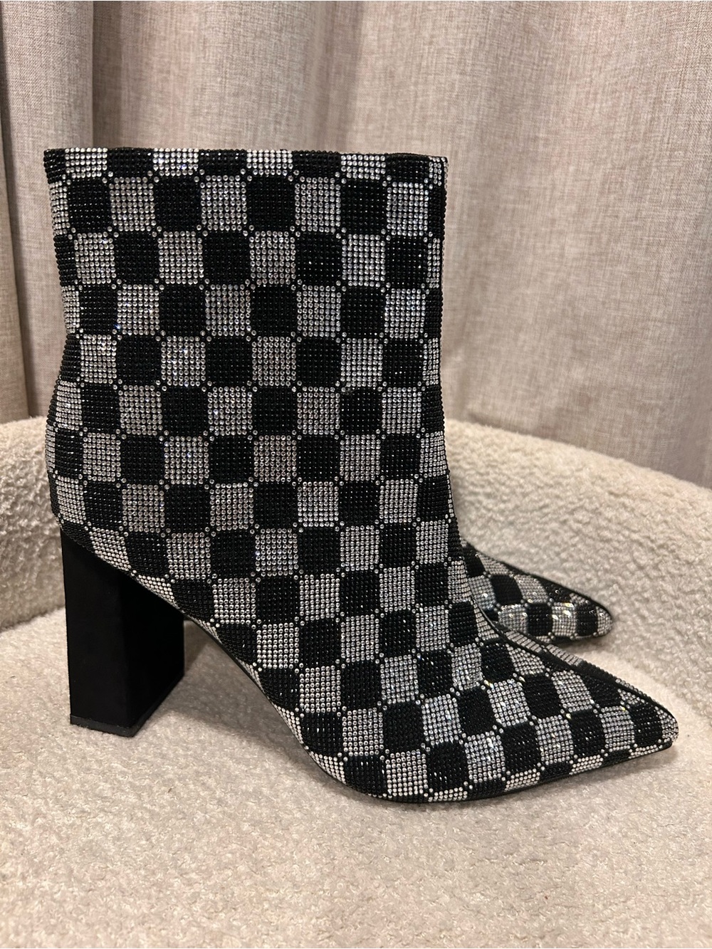 Wild Pair Ingridd Rhinestone Checkered Ankle Boots - Size 10